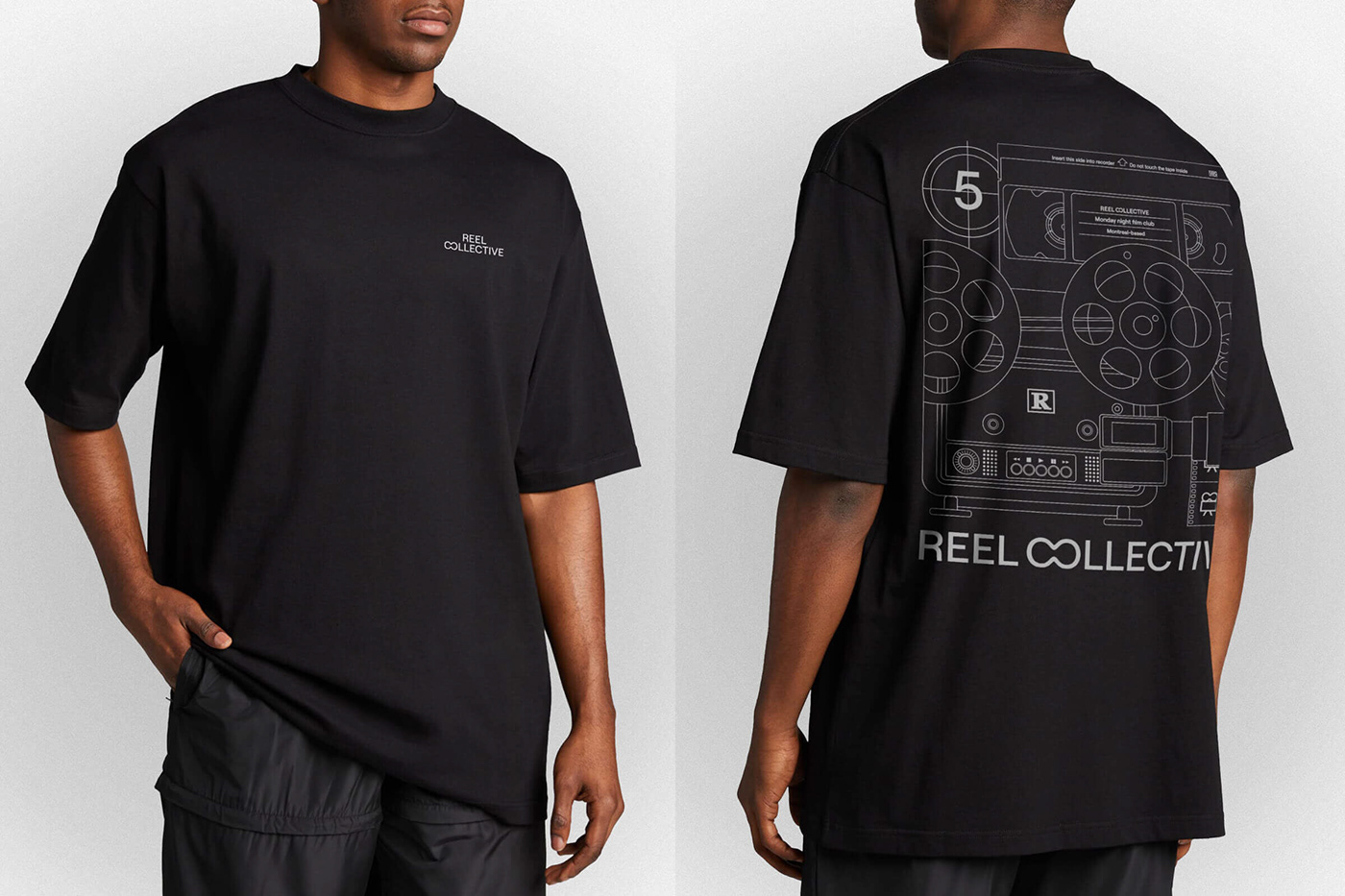 Custom Reel Collective illustration screen printed on black t-shirt merchandise.