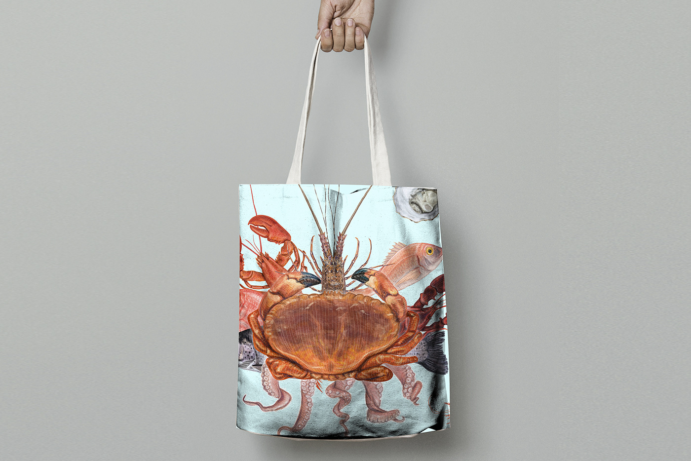 Tote bag with crab, fish and seafood vector illsutrations