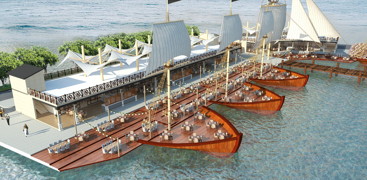 3D architecture Boats food court lumion restaurant riverfront SketchUP visualization waterfront