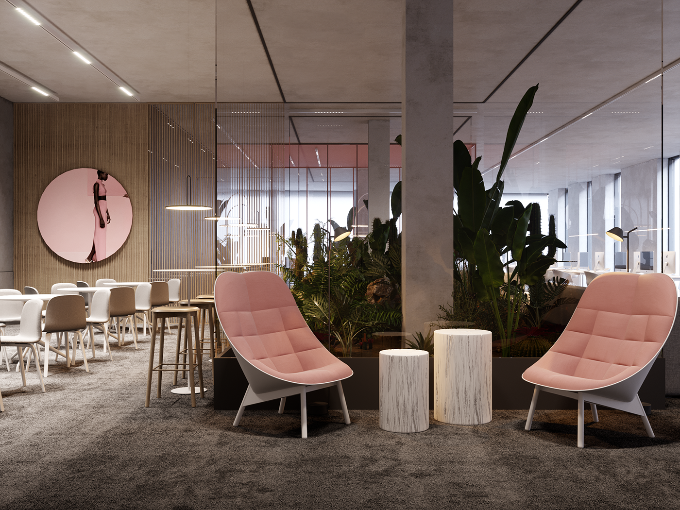 Office Space  Interior design pink plants