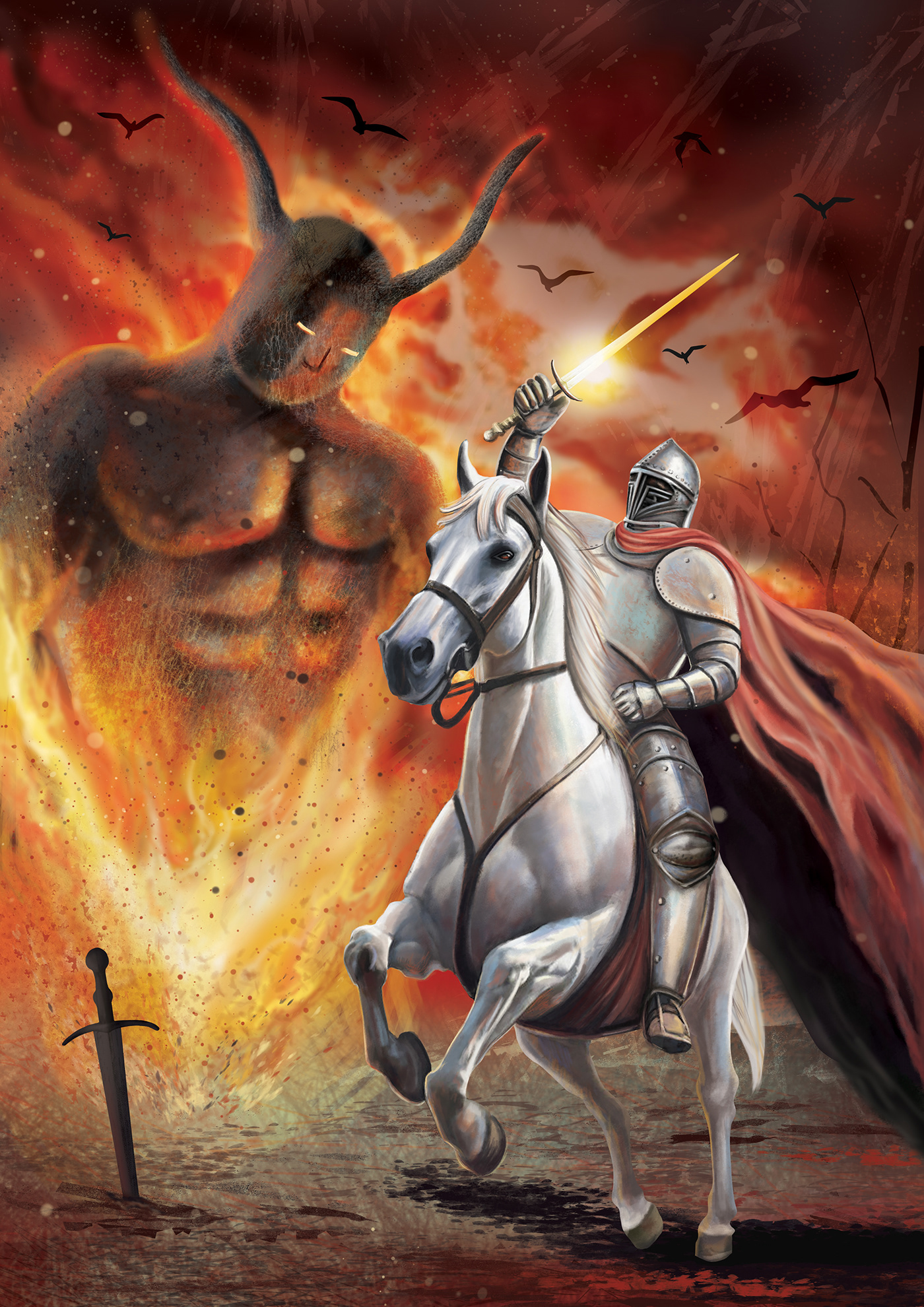 apocalypse Digital Art  fantasy art horse knight Sword monster bad character book llustration the horseman