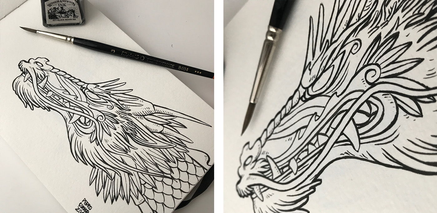 moleskine ink ILLUSTRATION  dragon skull traditional illustration brush and ink sketchbook chinese dragon crab