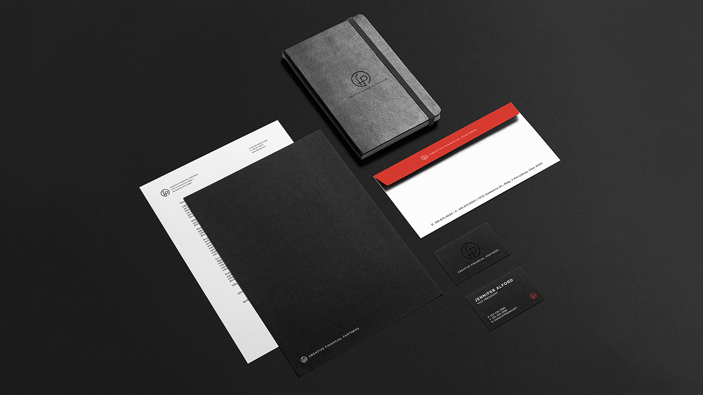 print business card letterhead Stationery logo Brand System financial Investment banking black White accent foil folder
