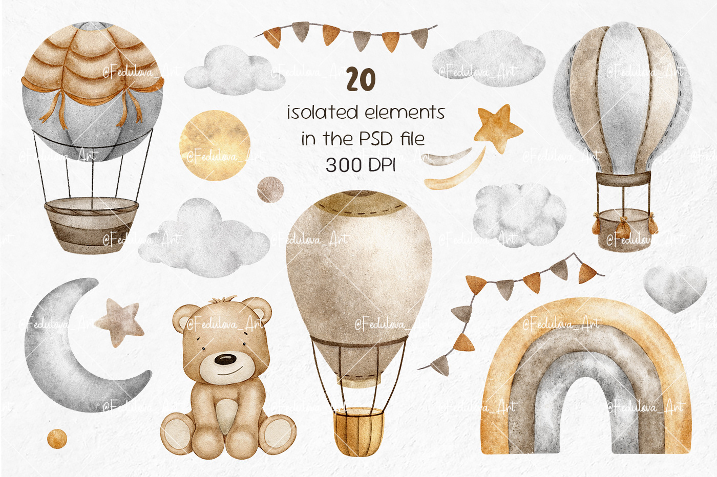 surface pattern design teddy bear watercolor clouds rainbow seamless pattern textile design  baby print of teddy bear hot air balloons kid's seamless pattern