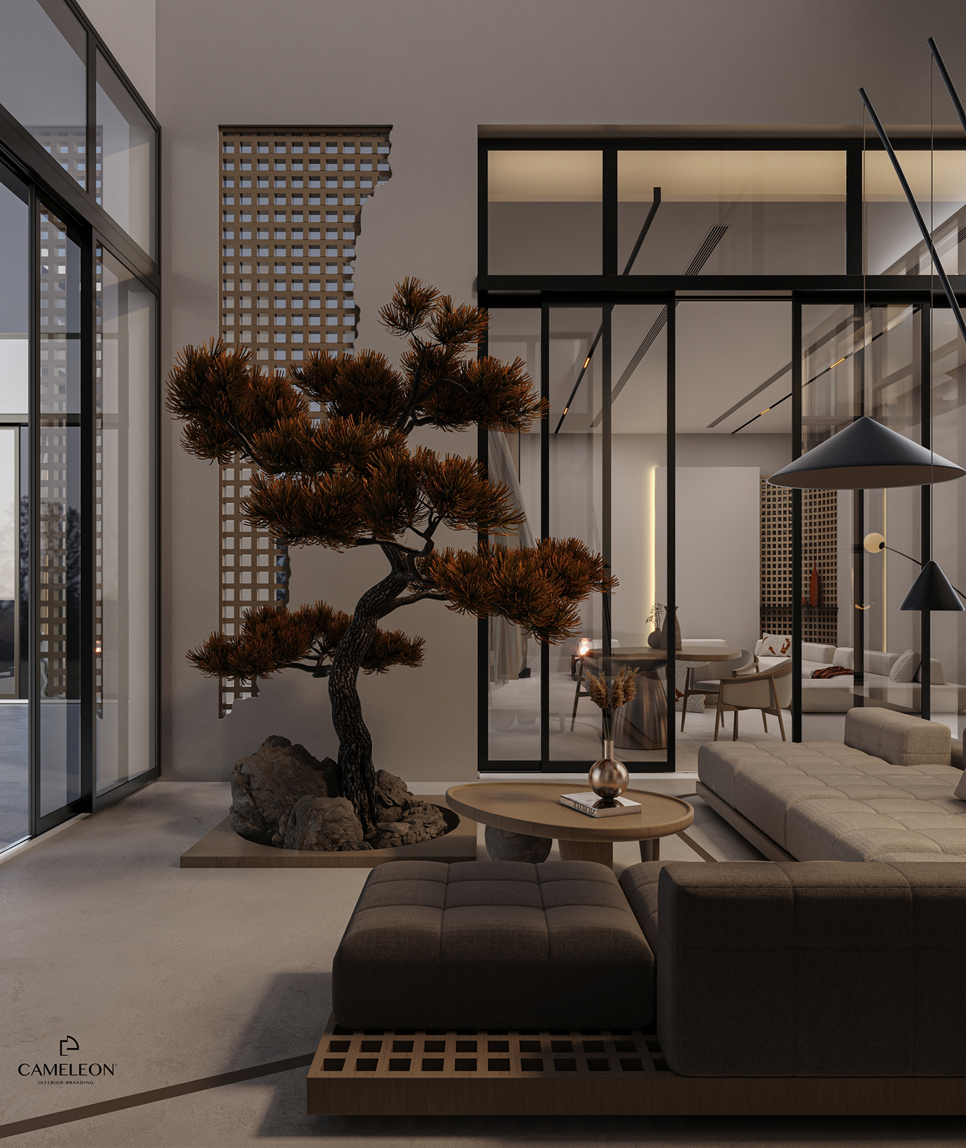 Majles living room design outdoor seating area terrace dubai minimal Wabisabi interior design  visualization corona