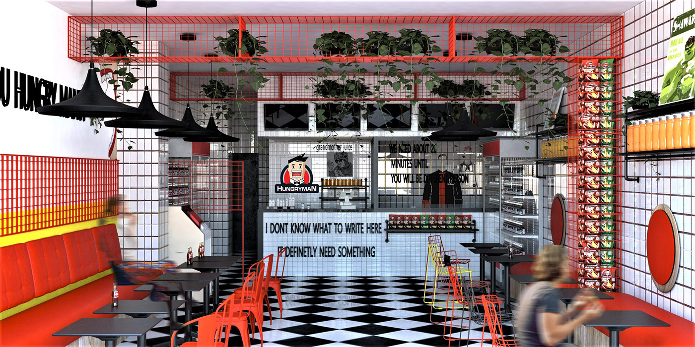 interior design  hungry man Fast food shawarma restaurant visual identity Renders architecture 3ds max vray