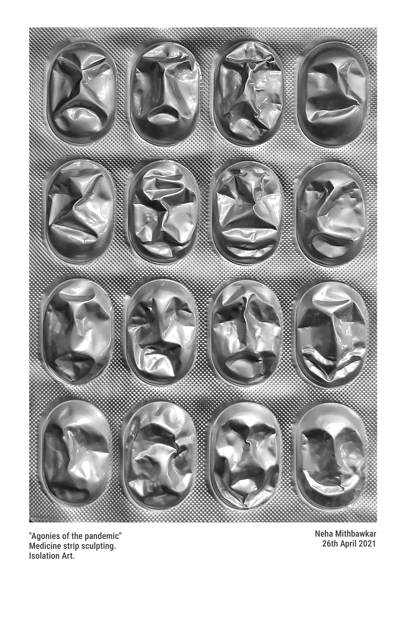 agony carved faces corona virus Covid 19 favipiravir fabiflu foil art isolation art medicine pandemicart sculpture strip sculpting tablets