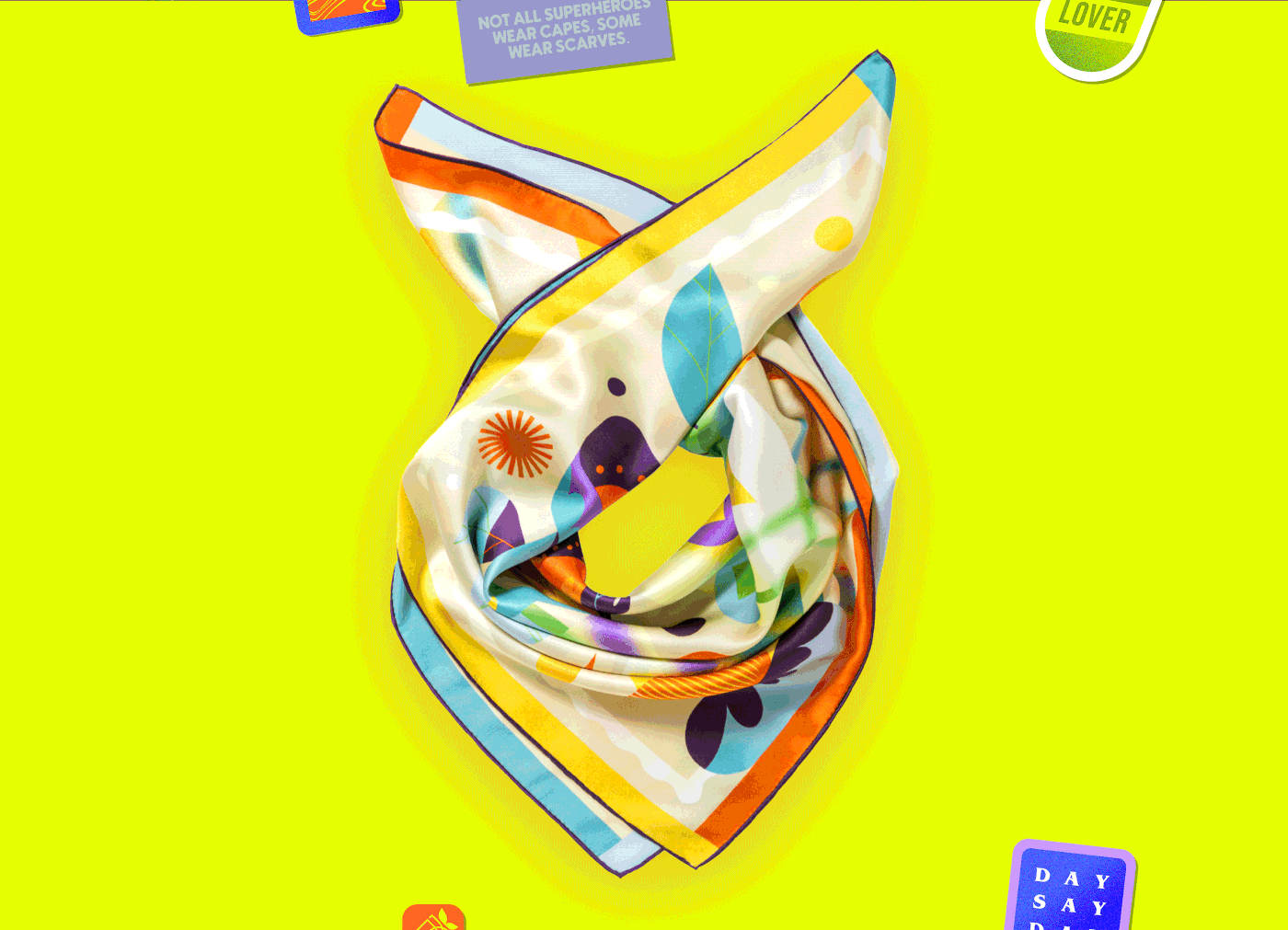 silk scarf colorful geometric print floral fruits pattern textile fashion illustration