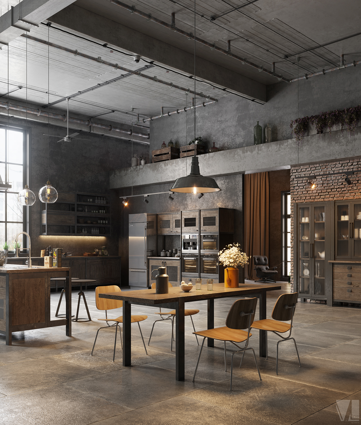 kitchen LOFT design VizLine Studio visualization interior design  3dmax CoronaRender  photoshop Moscow