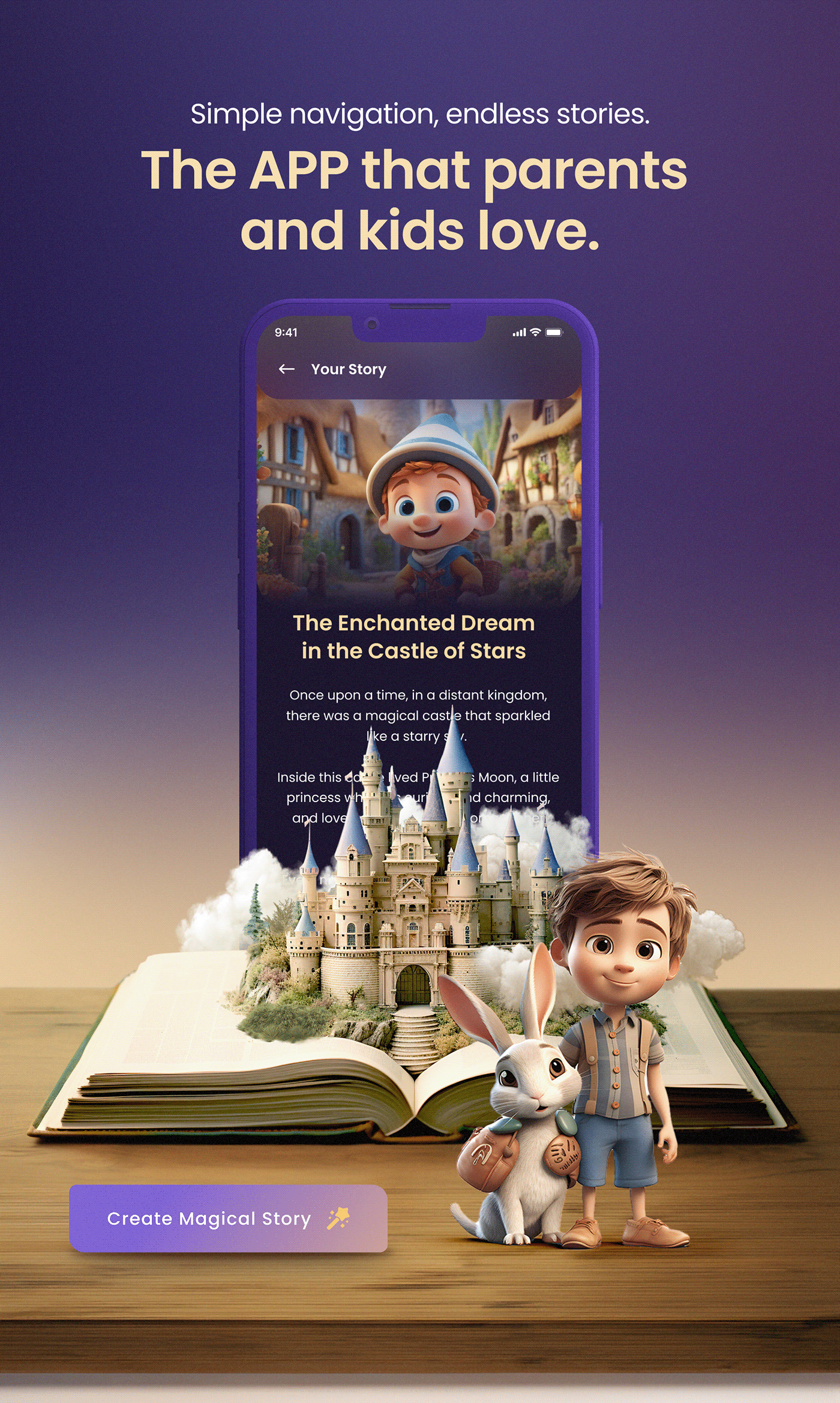 Illustration of a magical book showing an Application screen with a story