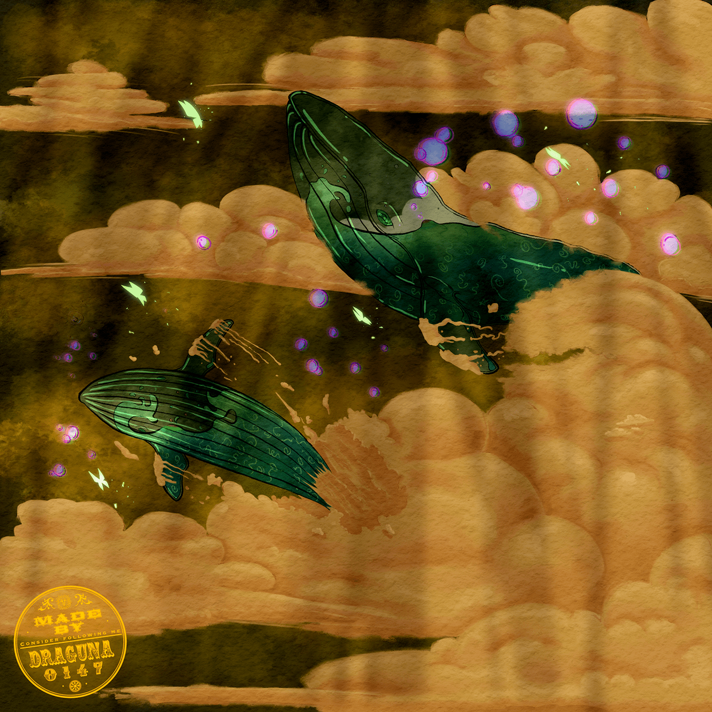 glass emerald Whale clouds SKY butterflies bubbles strange fantasy cartoon