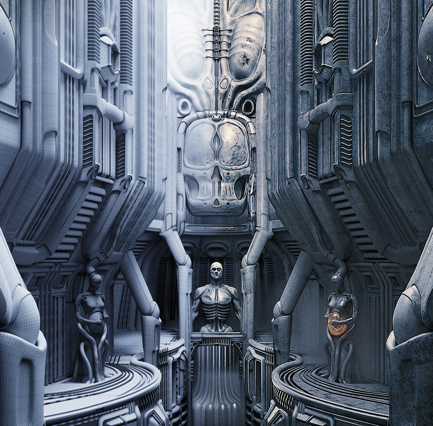 Giger biomechanical statues 3ds max Render visualization architecture corona