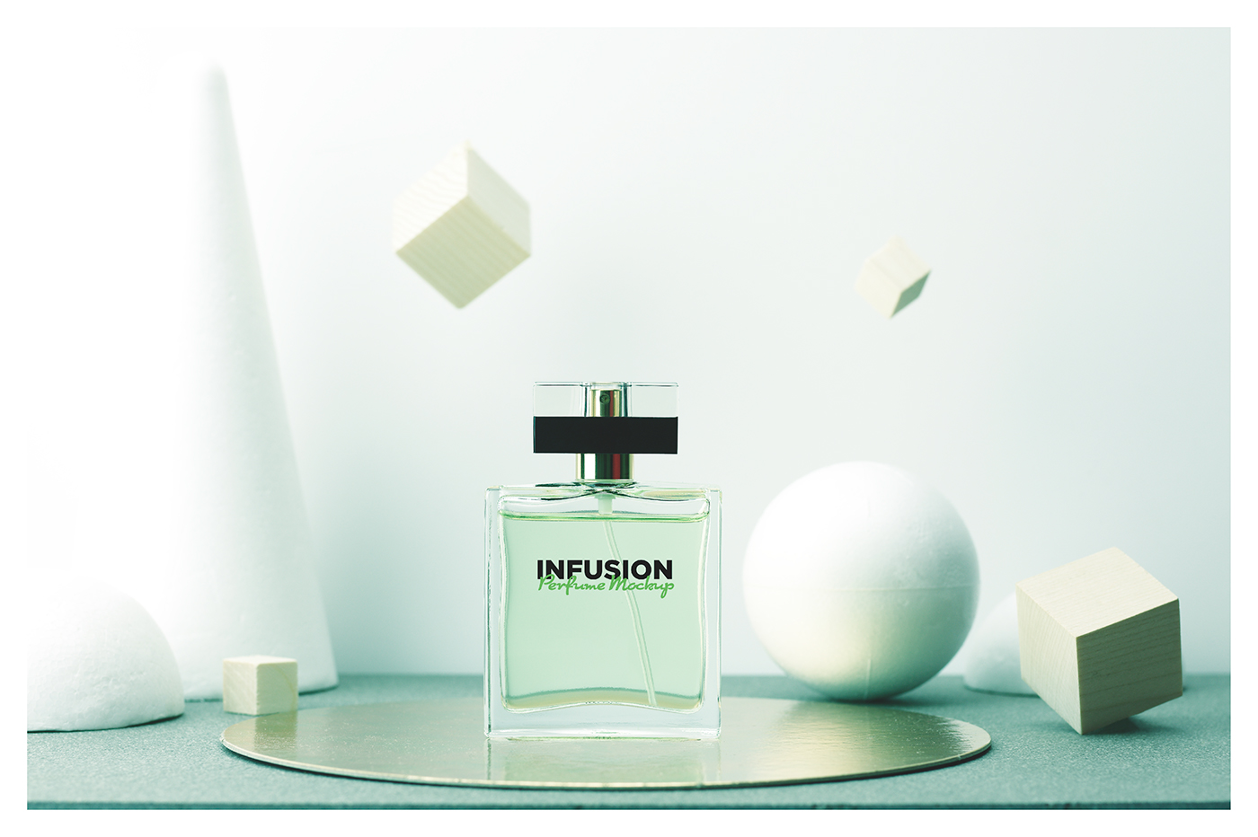 Perfume Bottle Mockup box mockup styled scene Geometric Shapes sphere cube floating gold glamour Fashion 