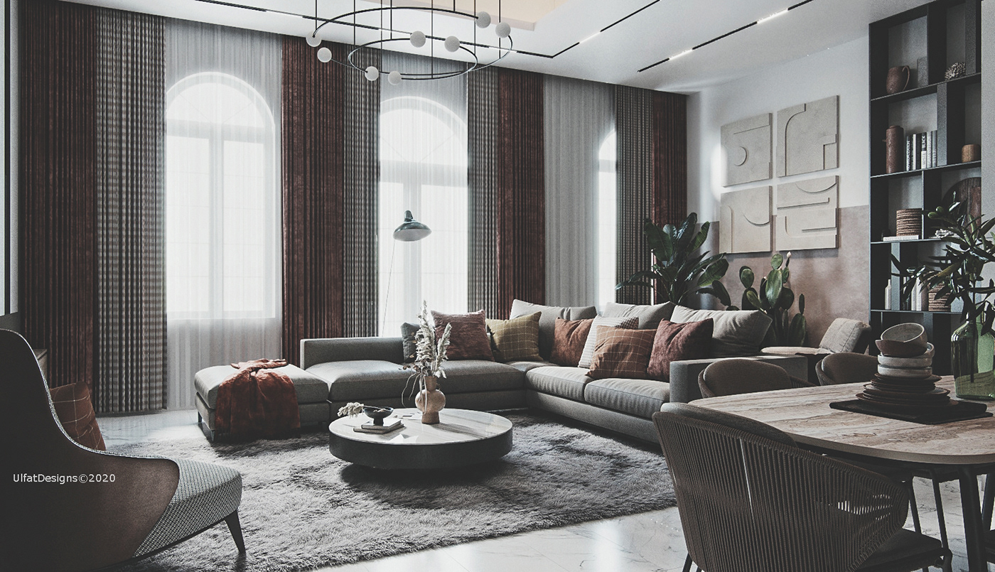 clay earthy tones family room living room minimal modern living pampas pot scandanivian Simple Interior