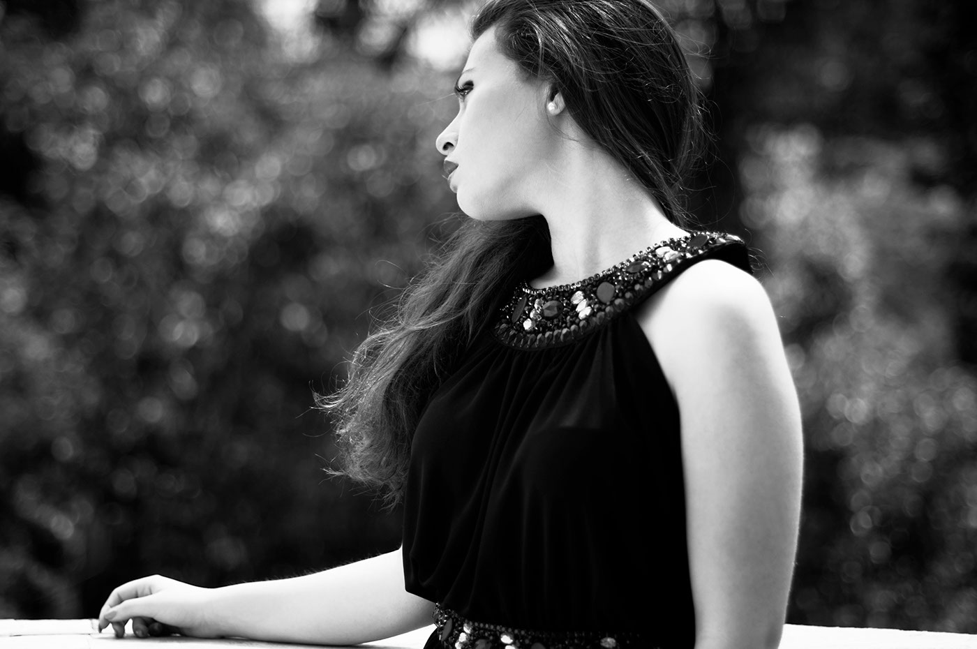 thoughts sofia hassan Love model garden fountain statue black and white dress Classic elegance Portraiture portrait woman girl