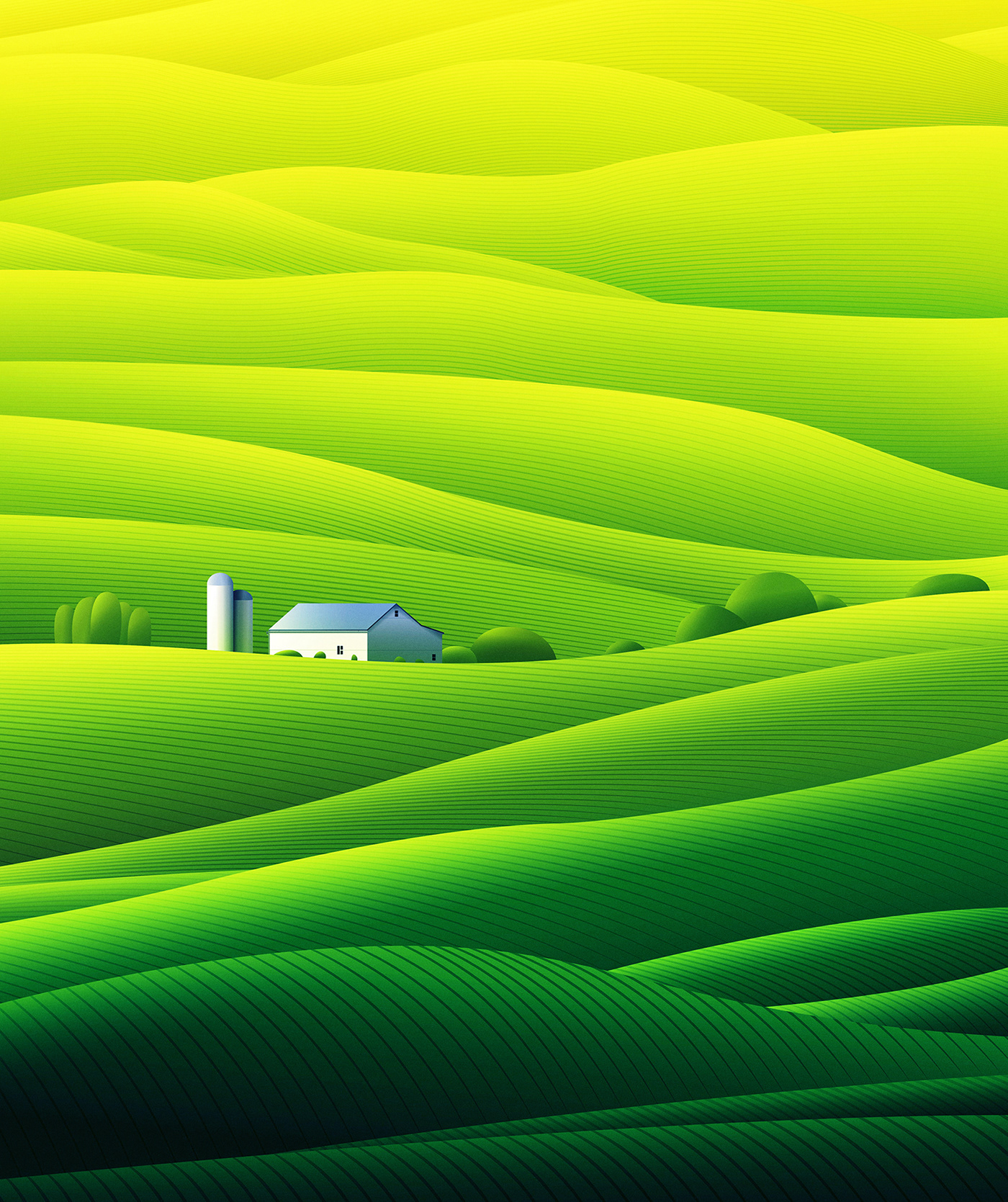 hills barn fields farm green Minimalism ILLUSTRATION  vector Vectorillustration vectorgraphic