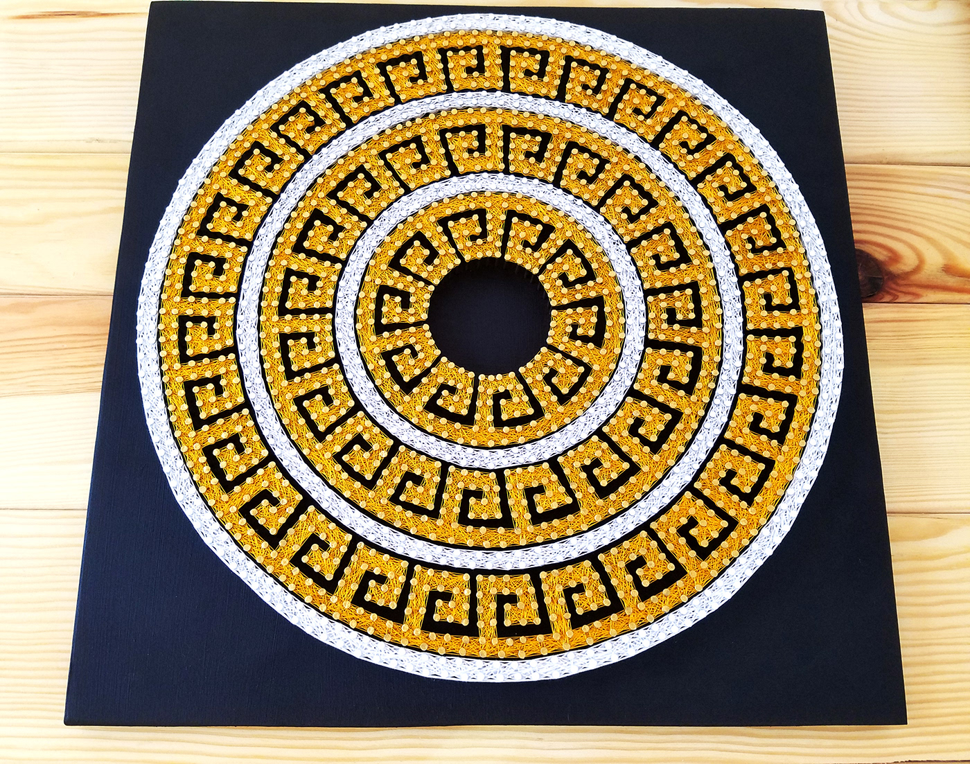 3D Ancient black and gold greek Mandala Mandala Art meander nail and string string art wall hanging