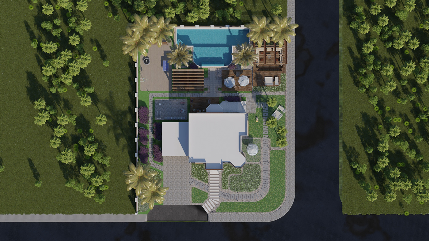 architecture barbique  garden Landscape Architecture  modern pergola pool design Render Villa visualization