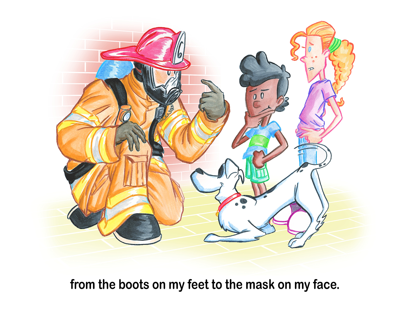 Firefighter fireman safety ILLUSTRATION  children's children cartoon watercolor colored pencil