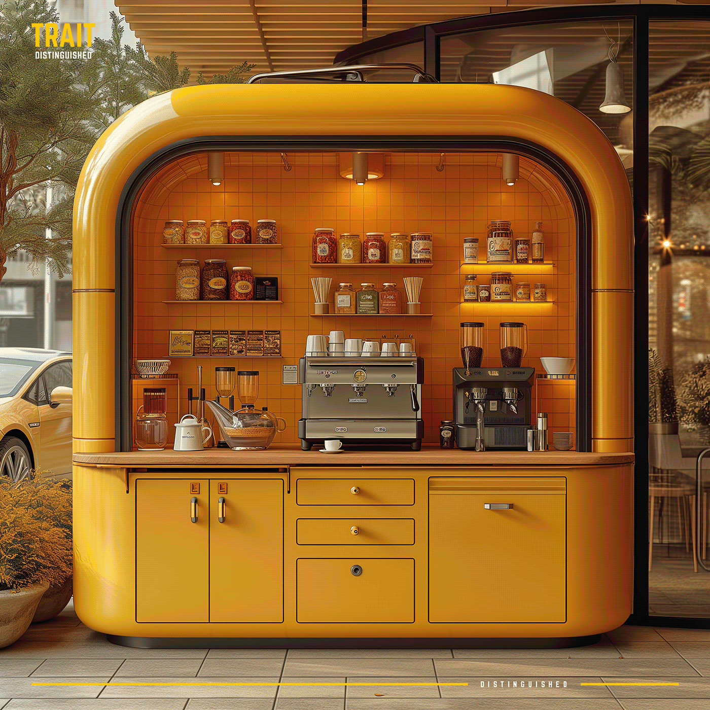 yellow Outdoor kiosk design store design shop Coffee restaurant visual identity brand identity