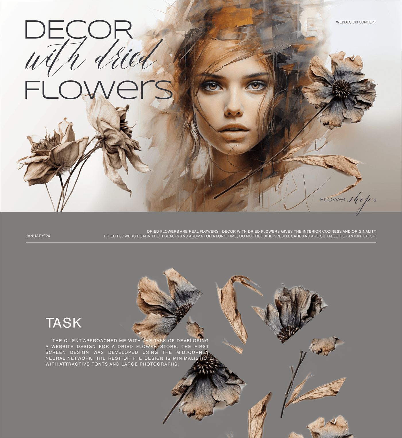 дизайн сайта landing page decor Web Design  neural network Dried Flowers декор лендинг lending