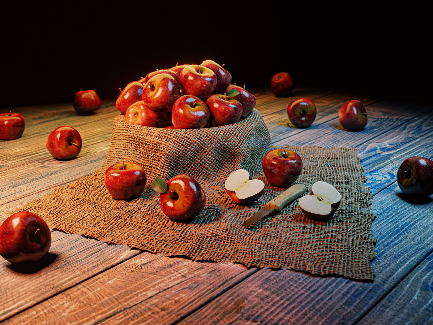 3d design apple blender Cycles render knife leaf photorealistic planks