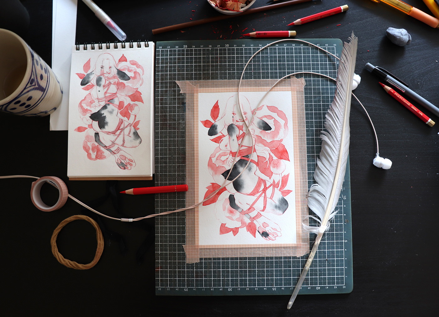 linocut Linoprint postcard rabbit girl watercolor
