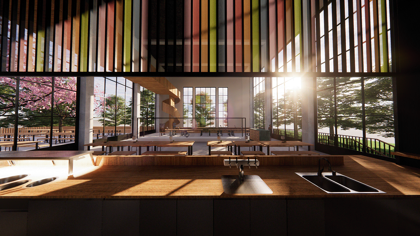 architecture glas in lood hybrid interior design  japanese modern Render restaurant stained glass visualization