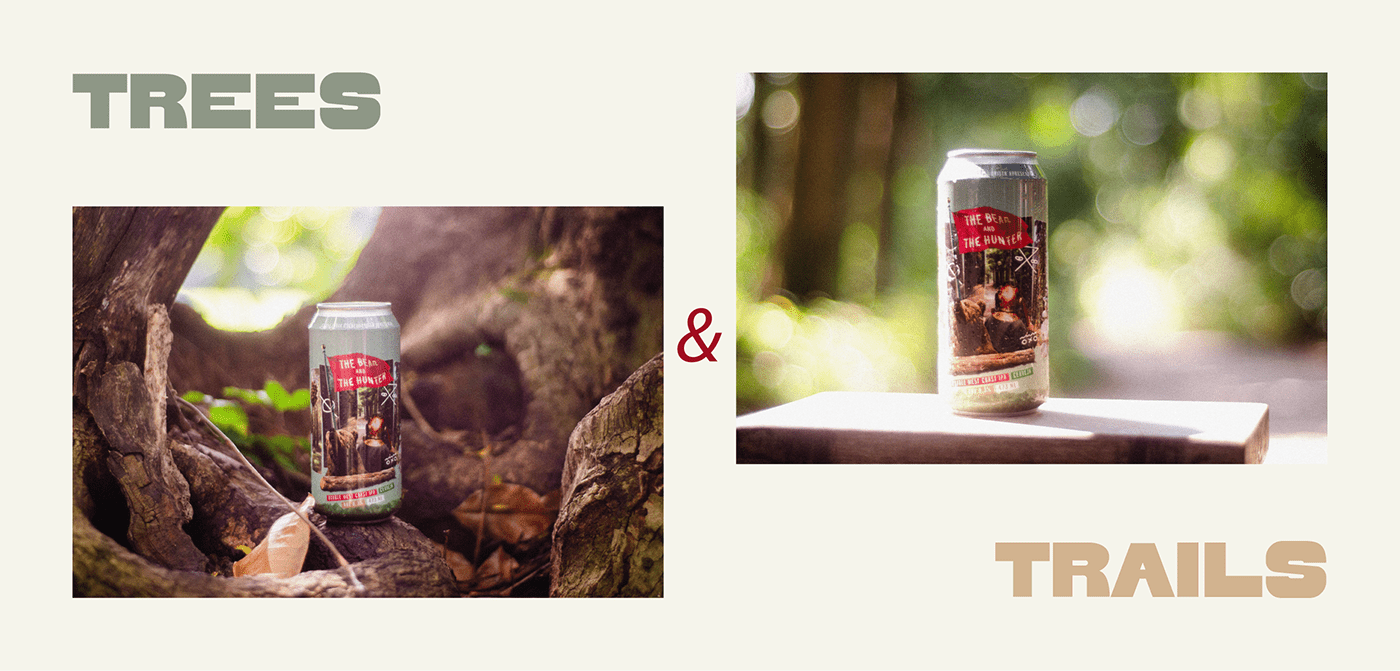 Two photographies of the same beer can in different scenarios: inside a tree trunk and in a trail