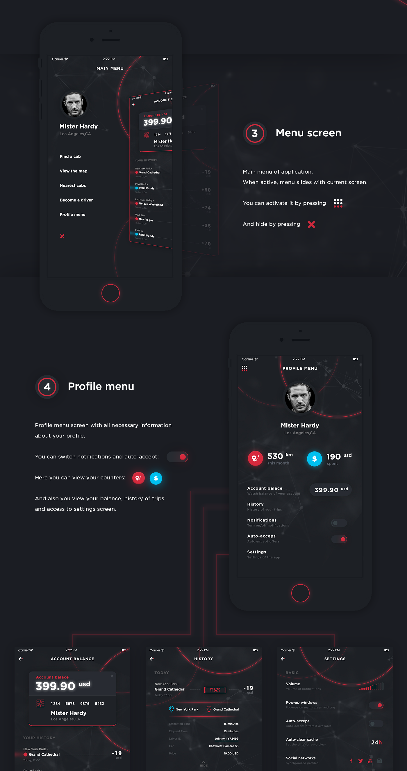 mobile iphone taxi application interaction design ui ux neon bright red