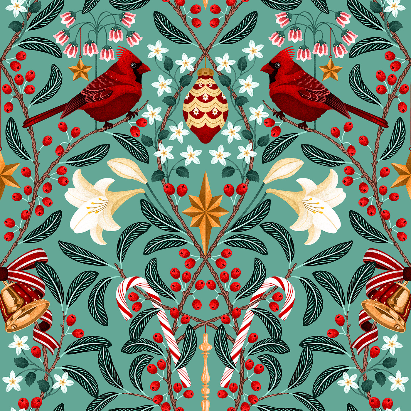 adobe fresco Art and Crafts botanical illustration cardinal Christmas christmas design floral pattern Holiday pattern design  whimsical