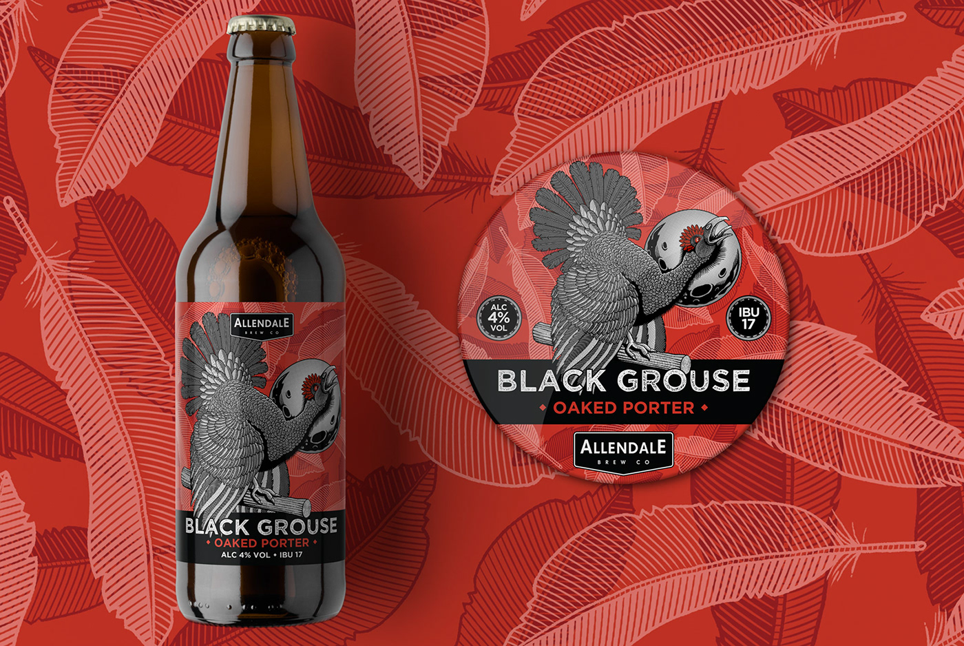 craft beer label design featuring hand-drawn black grouse howling at the full moon