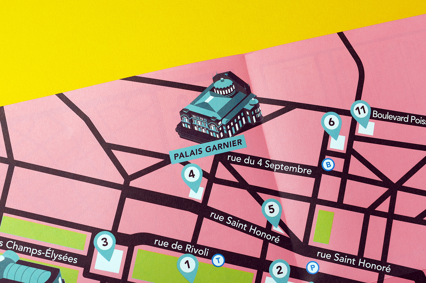Fashion  map Paris pink yellow building eiffel tower 3D leaflet graphic
