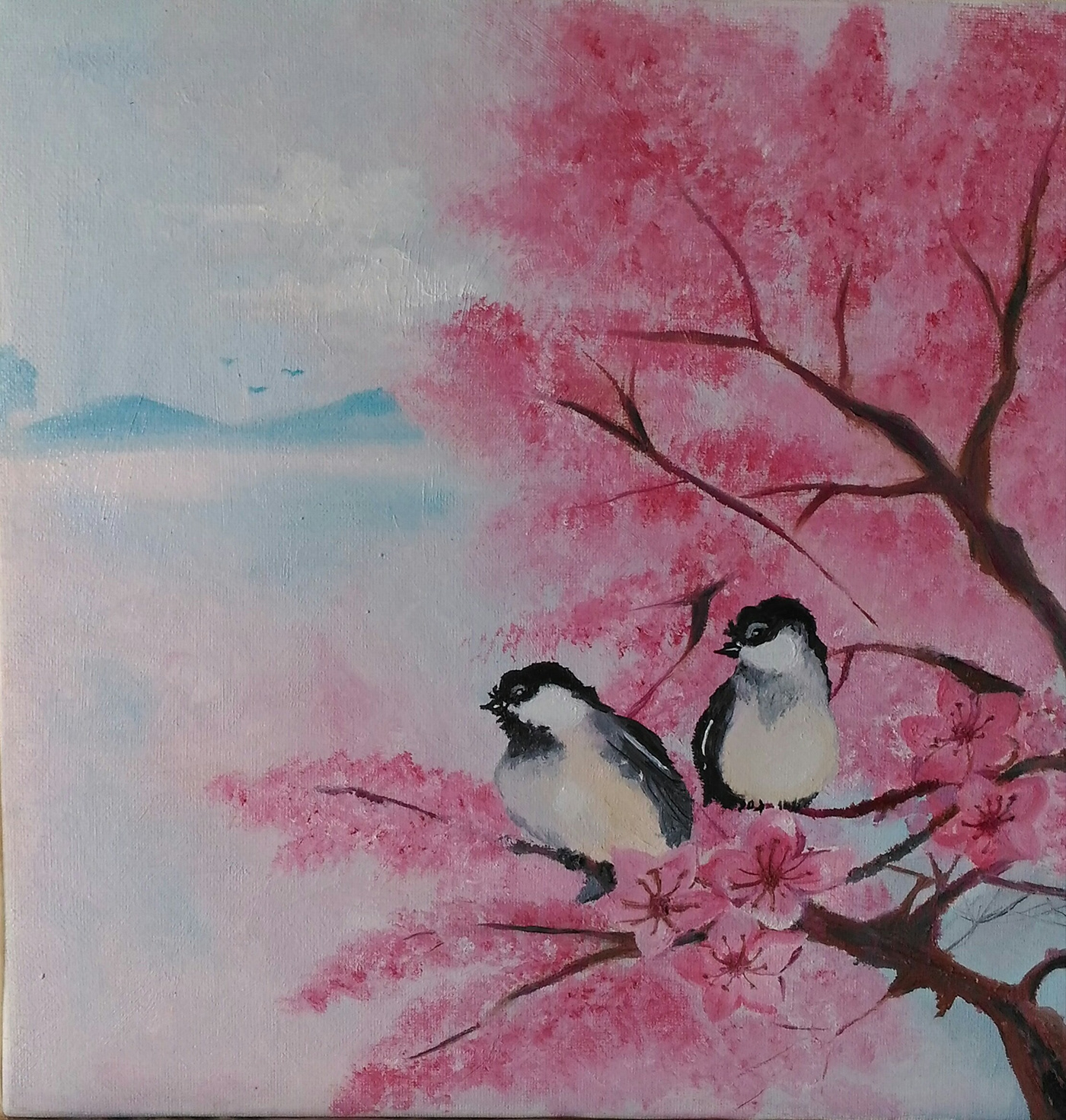 birds Cherry blossoms Oil Painting painting   pink tree sakura