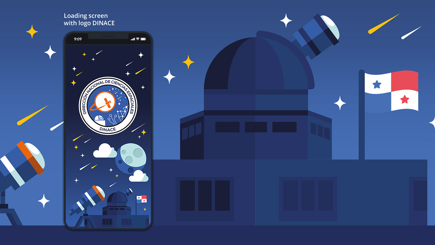 Image contain illustration of loading screen with DINACE observatory with space in the background.