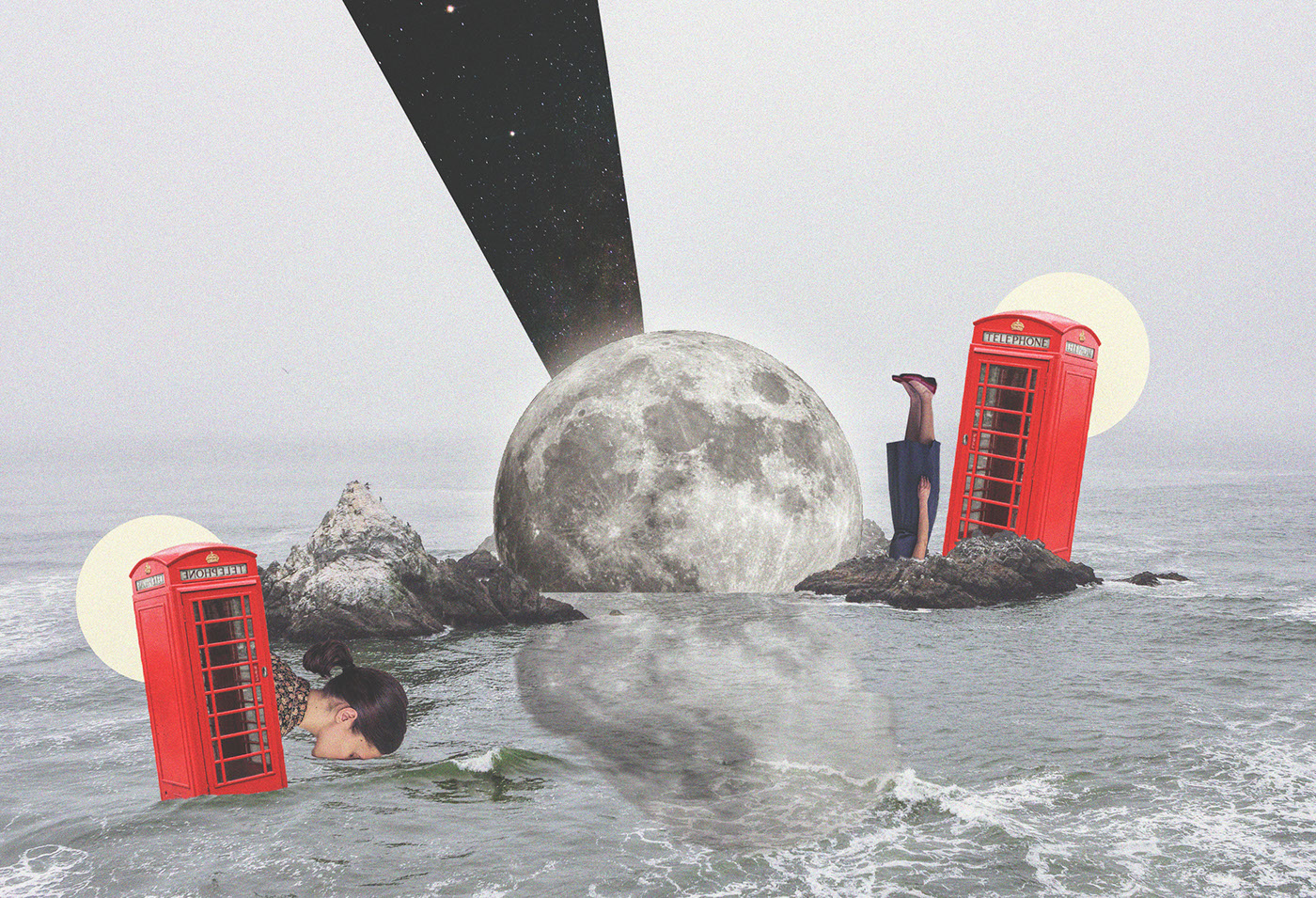 night phone telephone booth girl upside moon sea water yello