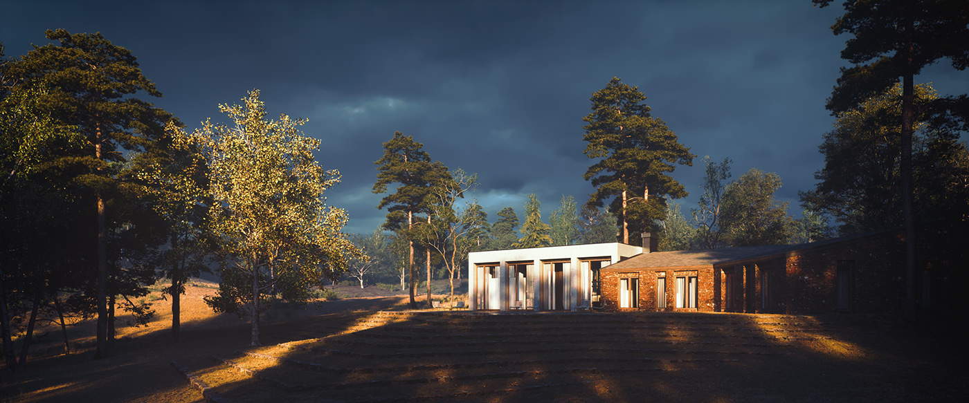 Outdoor CGI Render corona render  Exterior rendering Moody cloudy warm autumn forest