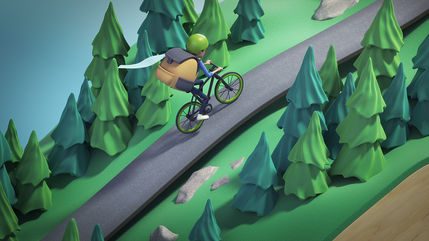 journey forest mountain bycicle air animation  city 3D