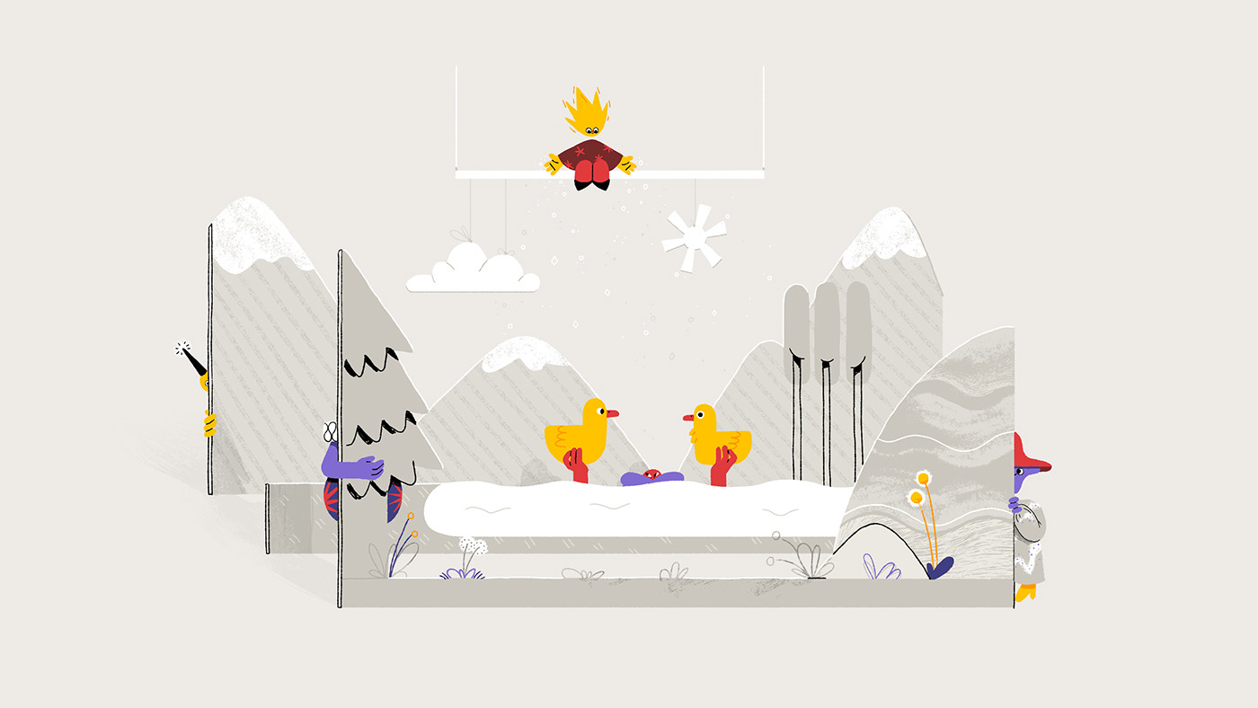 branding illustration for animation studio, magical characters do a performance on a stage