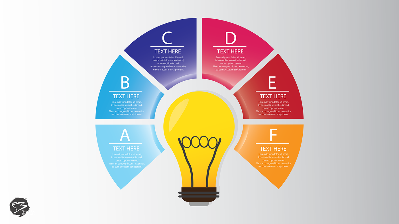ILLUSTRATION  inforaph bulb infograph bulb ABCDEF Text here palete questions for thinking