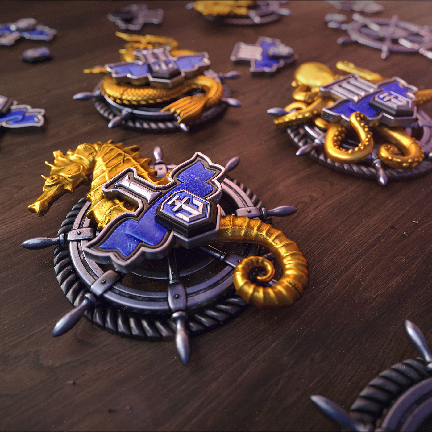 3D octopus gold sea serpent seahorse metal badge Ocean fabric Medal ship's wheel