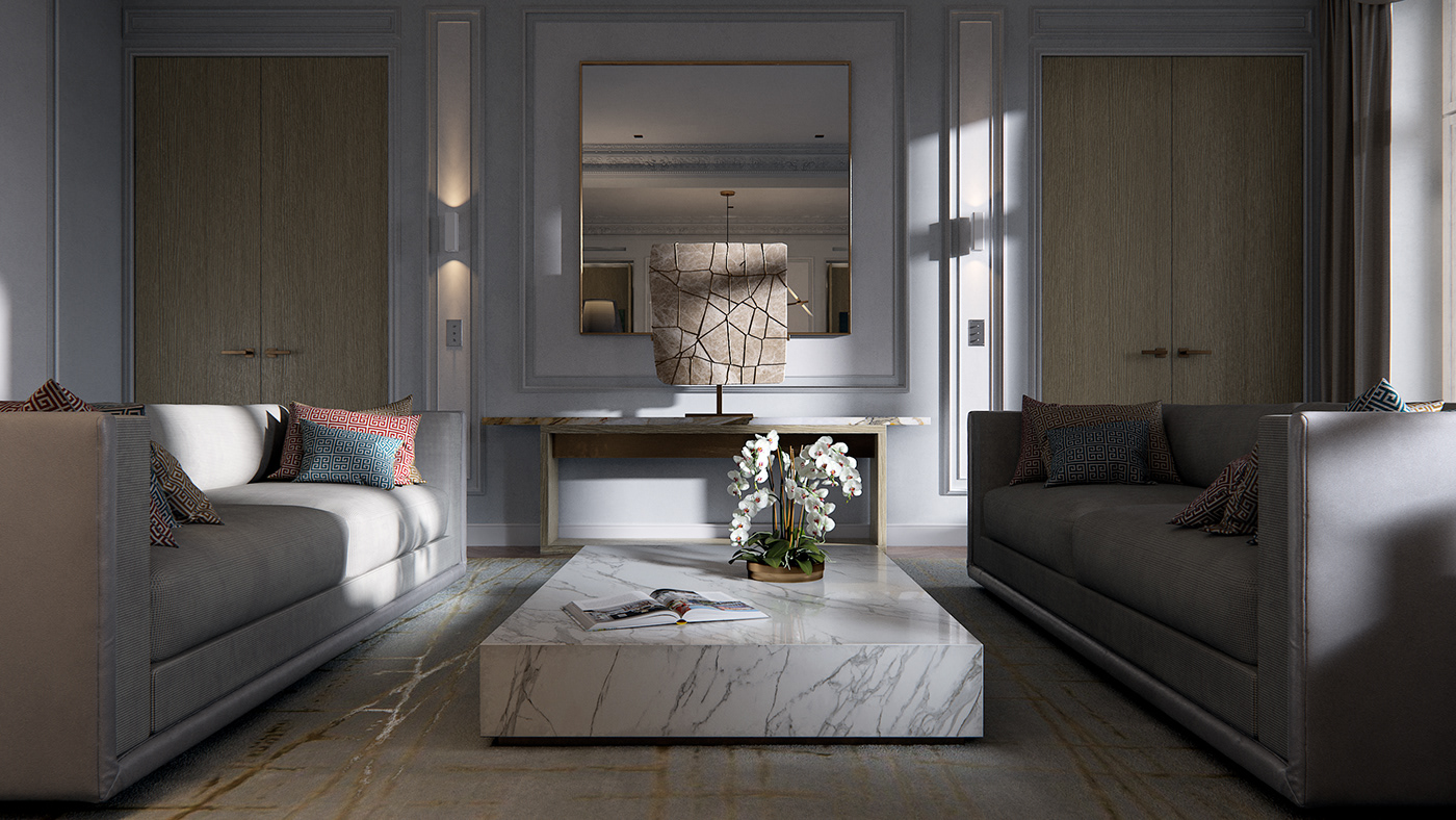 apartment visualization drowart CGI rendering Interior gold artdeco photorealistic 3D