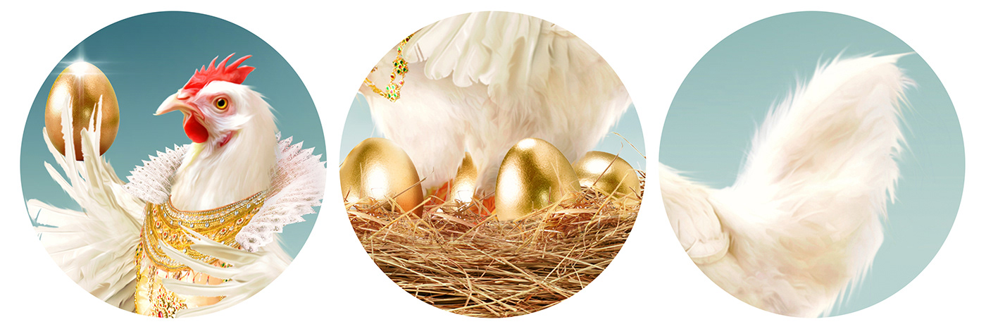 Social media post ads creative ideas chicken queen art سشيال ميديا gold golden eggs