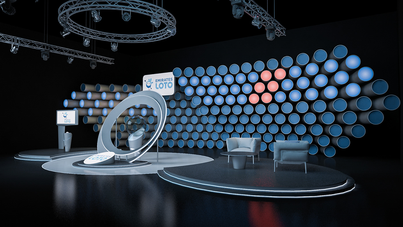 3D Visualization circles Dynamic emirates loto interior design  Lottery pipes television TV Studio set design 