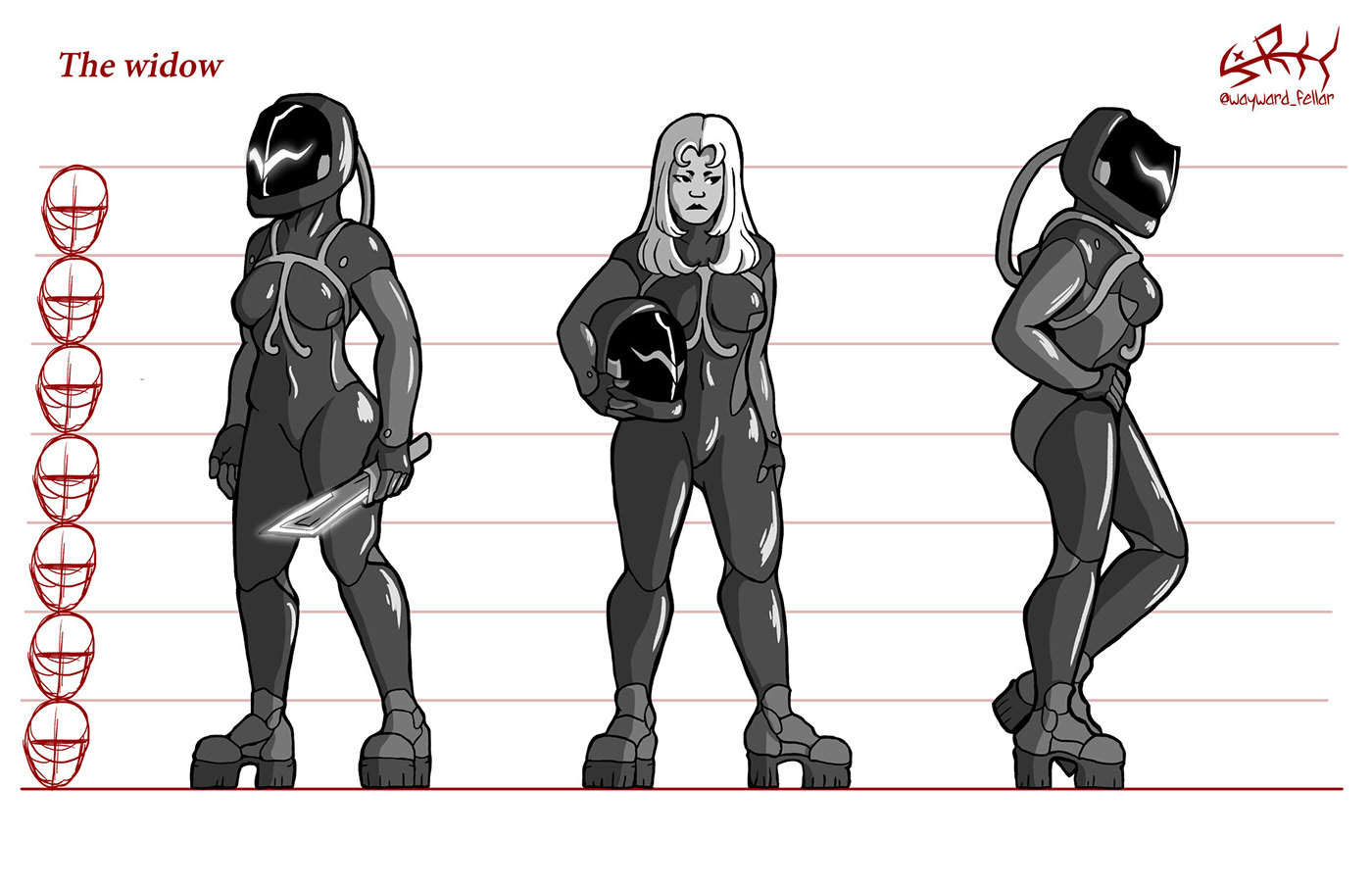 Character design  Comic Book concept art Cyborg Digital Art  grayscale horror romance Scifi turnaround