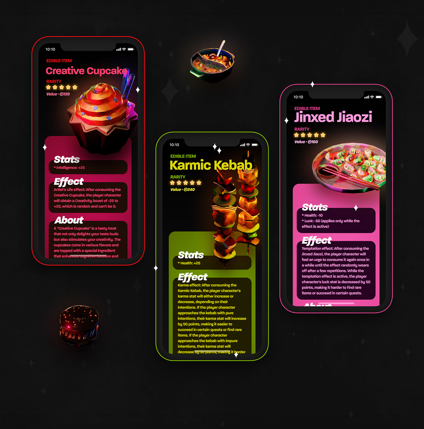 game design  UI/UX user interface Mobile app statistics animation  3D Food  3D illustration prototype