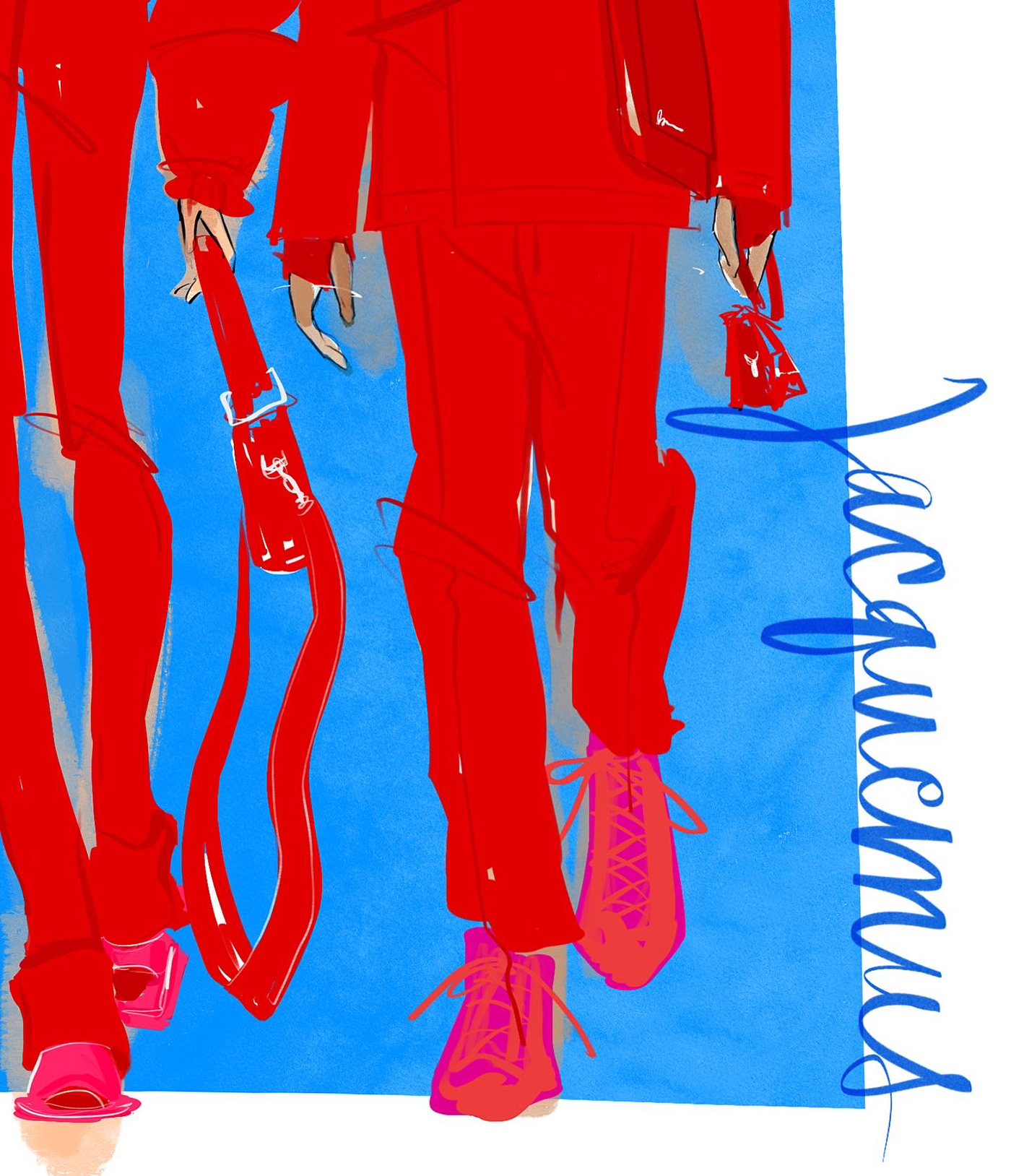 Fashion Illustration by Jessica Juliet of Jacquemus, models in bright red looks on blue background 