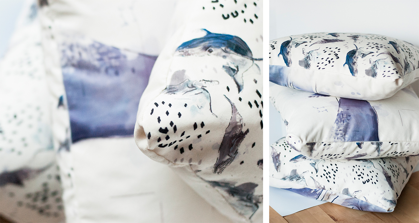 Whale illustrated pillow poduszka blue textile print sublimation pattern animal fauna bedding hand made sketch art