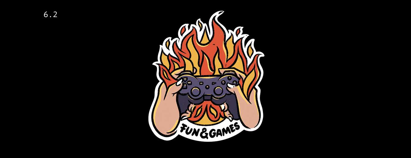 Illustration of gamepad in fire. T-shirt print "Fun and games".