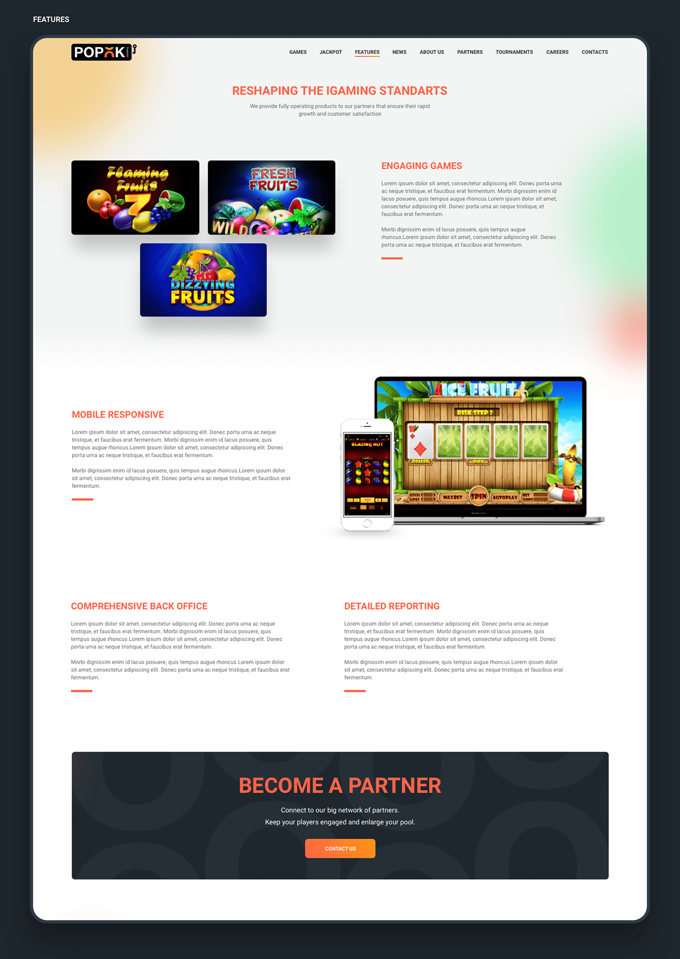about casino features gambling Gaming home provider UI ux Website
